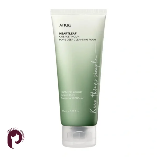 فوم شستشوی تسکین‌دهنده و پاک‌کننده عمقی منافذ آنوا Anua مدل Heartleaf Quercetinol Pore Deep Cleansing Foam حجم ۱۵۰ میلی‌لیتر