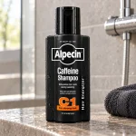 شامپو کافئین آلپسین C1 Black Edition روی لبه سنگی حمام کنار حوله