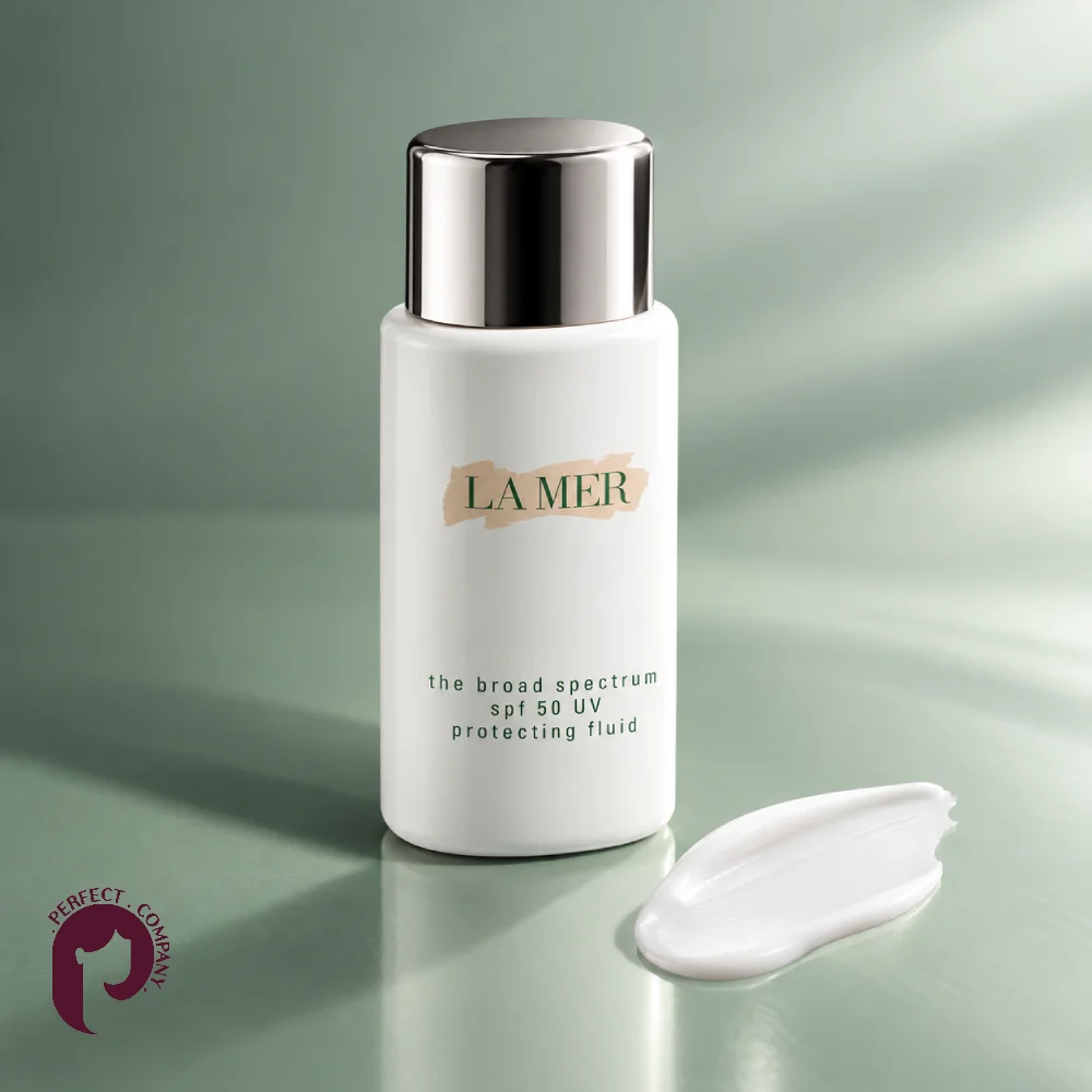 ضدآفتاب لامر SPF50 روی سطح سبز روشن کنار بافت سفید فلوئید