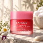 ماسک خواب لب لانیژ مدل Berry روی سطح سنگی کنار گل بابونه در نور طبیعی