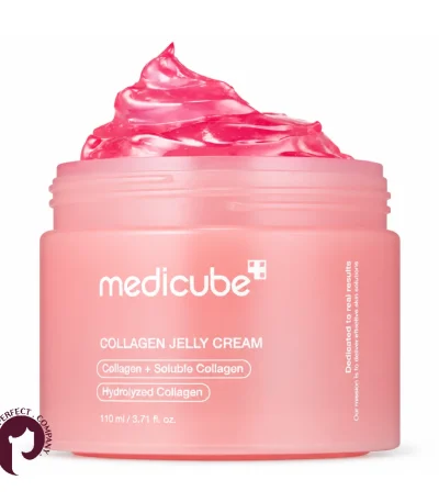 کرم ژلی کلاژن مدی کیوب ۱۱۰ میلی‌لیتر با بافت صورتی و پس‌زمینه سفید