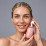 بطری سرم Triple Collagen مدی کیوب به حالت خوابیده روی پارچه ساتن روشن